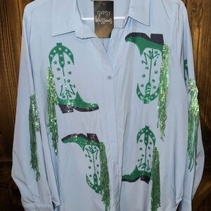 Gypsy Blue Blouse with Green Boot Design